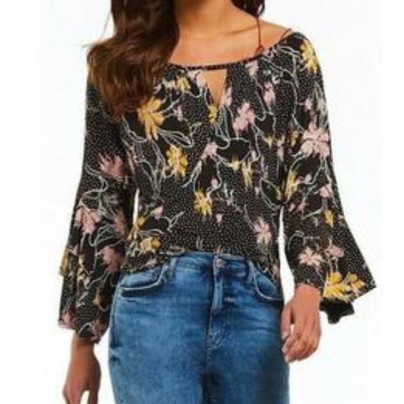 Free People Last Time Print Top In Black Combo Dramatic Bell Sleeve Size Small - Picture 12 of 12